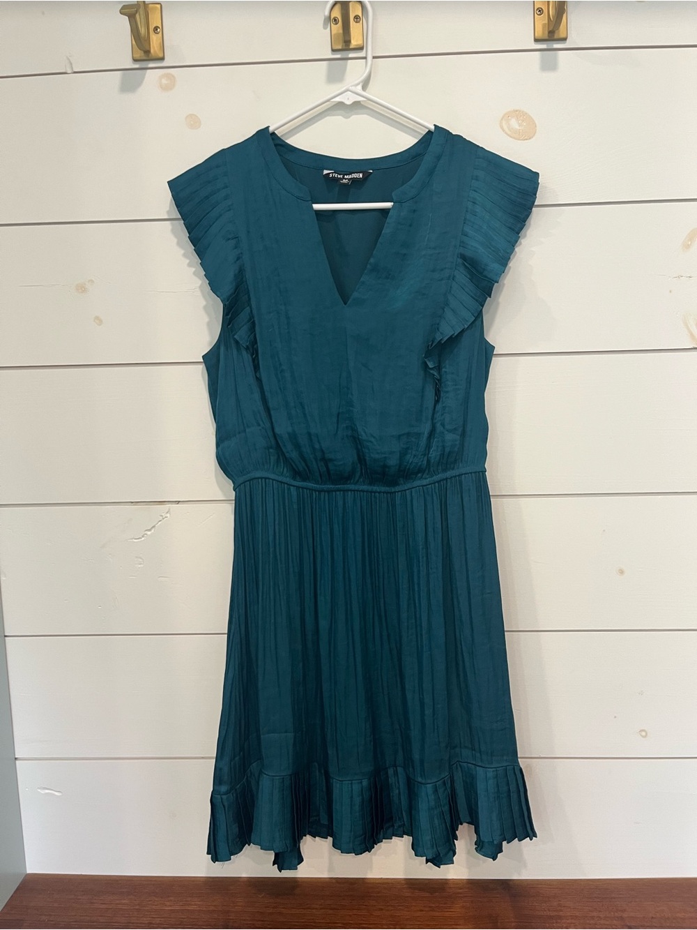 Steve Madden Teal Pleated V-Neck Mini Dress
